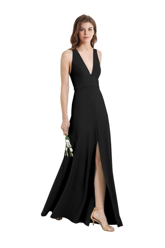 Sleek Halter V-Neck Long A-Line Stretch Crepe Evening Dress with Front Slit