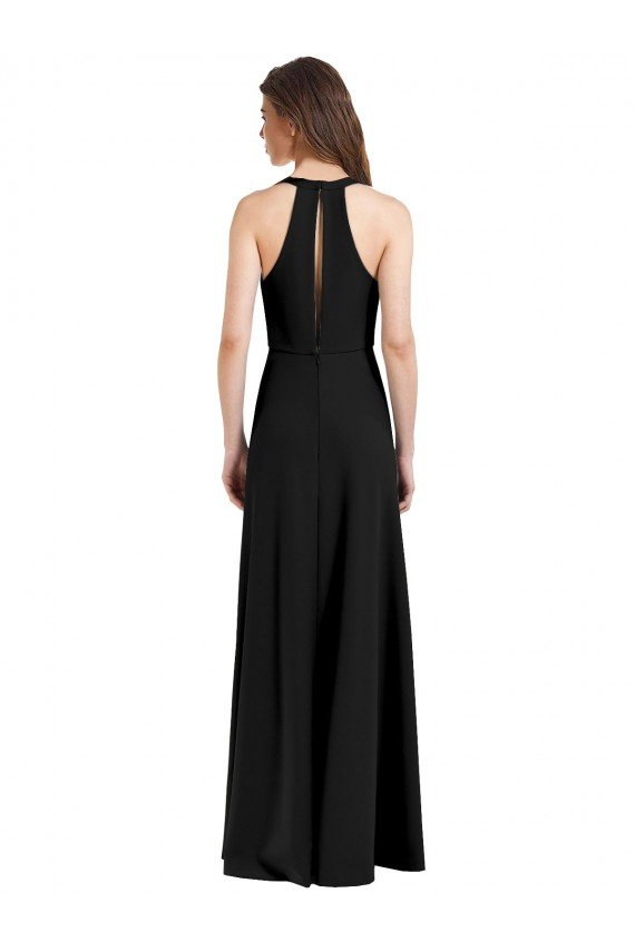 Sleek Halter V-Neck Long A-Line Stretch Crepe Evening Dress with Front Slit