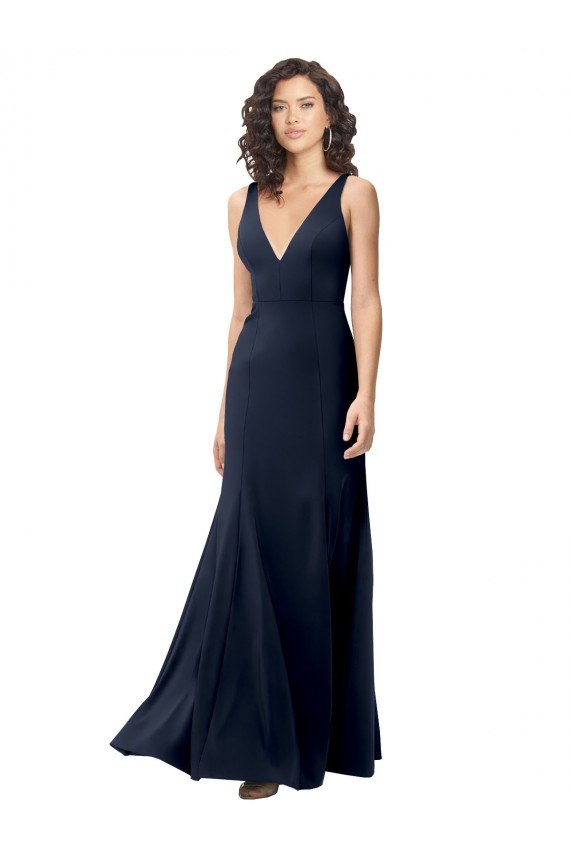 Classic V-Neck Long Stretch Crepe Evening Dress with V-Back