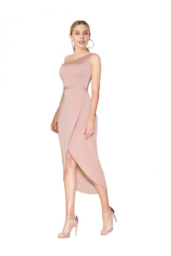 Knee Length One Shoulder Crepe Short Wrap Cocktail Evening Dress