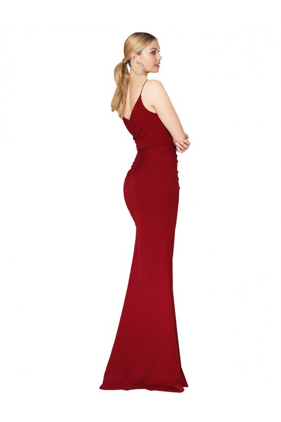 Spaghetti Straps V-Neck Long Crepe Dress with High Slit