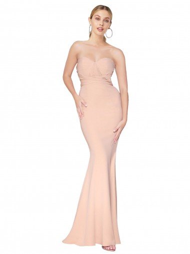 Sweetheart Shirred Neck Long Floor Length Crepe Evening Dress Canada