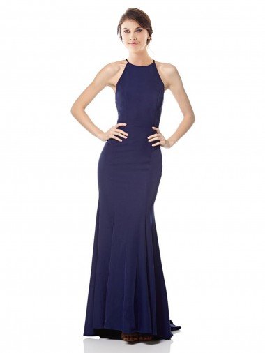 High Neck Fishtail Crepe Evening Dress with Open Back Detail Canada