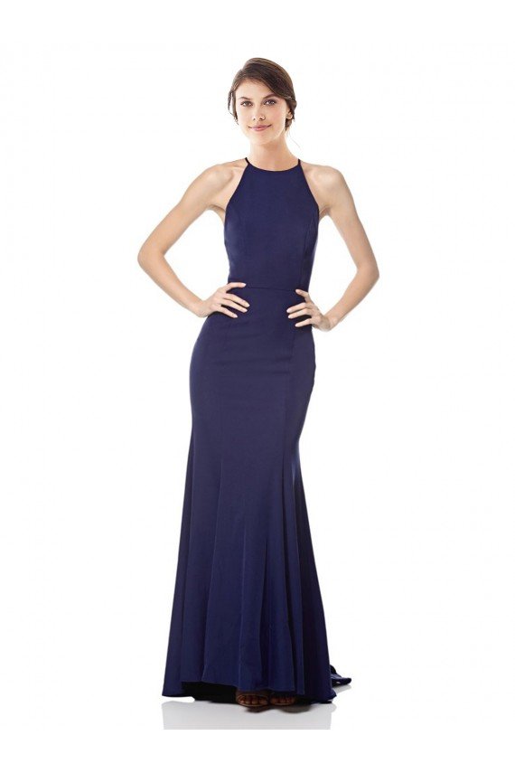 High Neck Fishtail Crepe Evening Dress with Open Back Detail