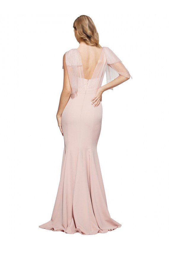 Double Bow Full Length Sweetheart Crepe Evening Dress with Tulle Overlay