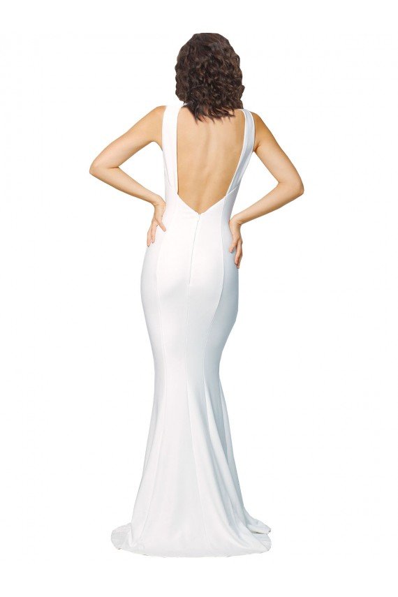 High Neck Low V-Back Long Crepe Evening Dress