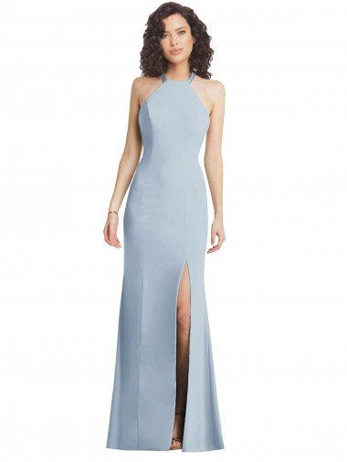 High Neck Halter Crepe Evening Dress with Twist Criss Cross Back Canada