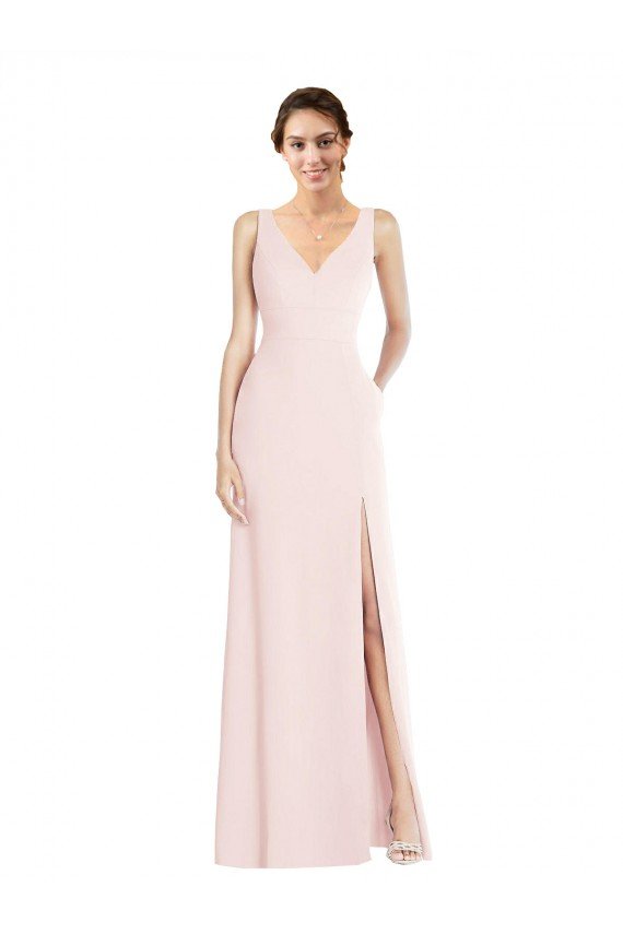 Square Neck Low Back A-Line Evening Dress with Front Slit and Pockets