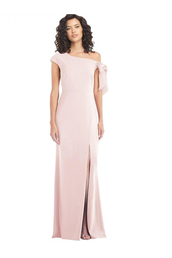 Off the Shoulder Tie Detail Trumpet Crepe Evening Dress with Front Slit