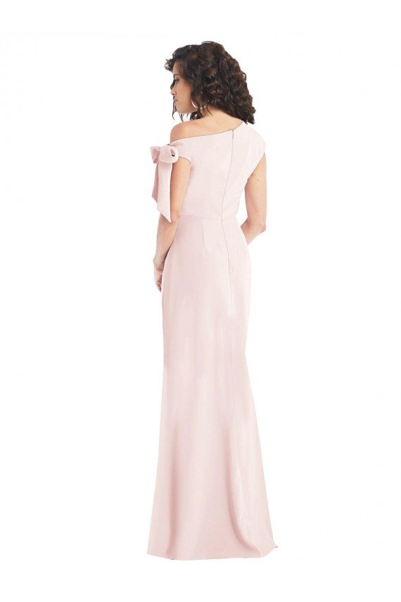 Off the Shoulder Tie Detail Trumpet Crepe Evening Dress with Front Slit