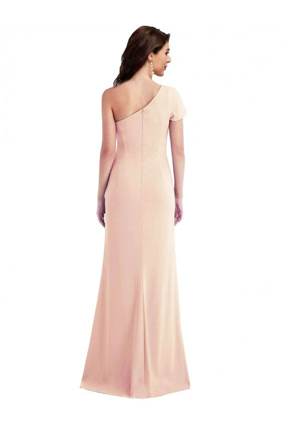 One Shoulder Cap Sleeves Trumpet Crepe Evening Dress with Front Slit