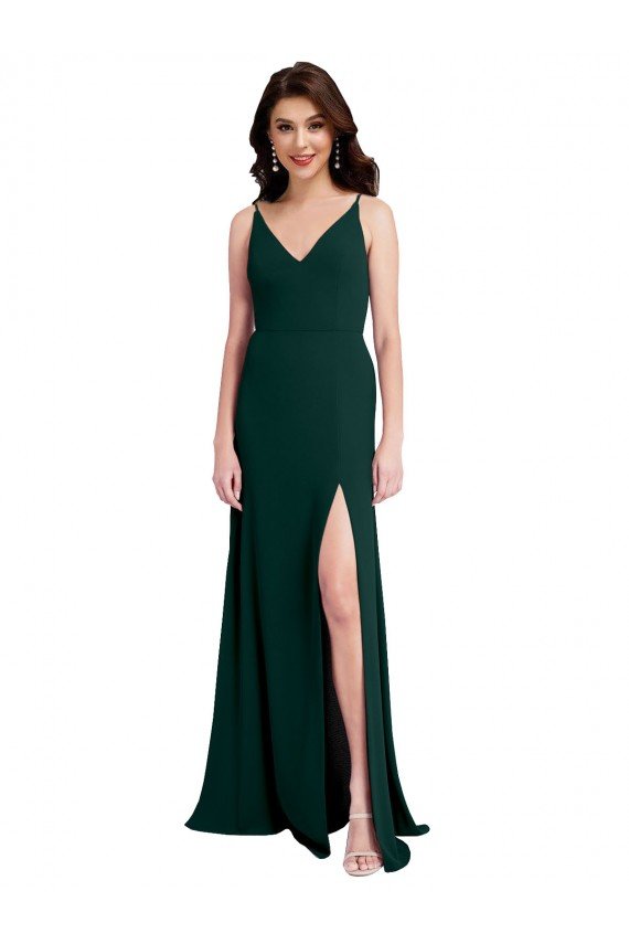 Slim A-Line V-Neck Full Length Crepe Evening Dress with Side Slit