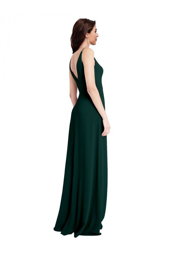 Slim A-Line V-Neck Full Length Crepe Evening Dress with Side Slit
