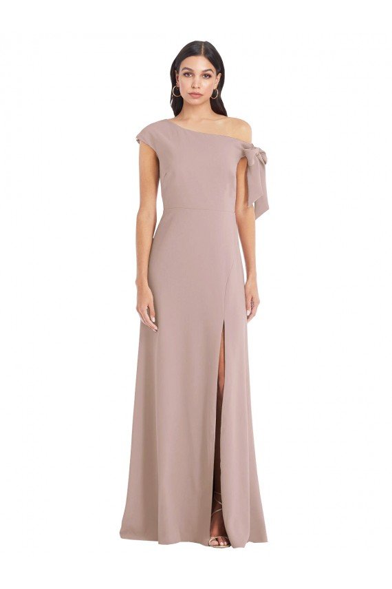 Off the Shoulder Tie Detail Maxi Crepe Evening Dress with Front Slit