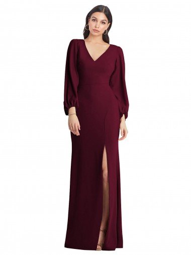 Long Puff Sleeve V-Neck Trumpet Evening Maxi Dress Canada