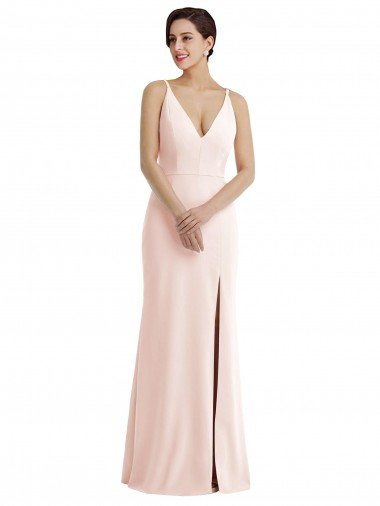 Skinny Strap Deep V-Neck Trumpet Crepe Evening Dress with Front Slit Canada