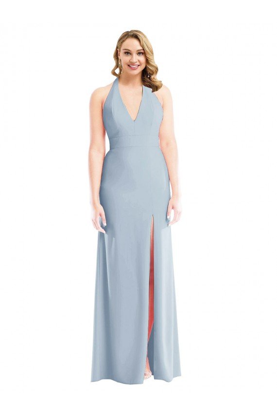Plunge Neck Halter Backless Trumpet Evening Dress with Front Slit