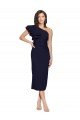 Ruched Midi Length Short Crepe Cocktail Evening Dress with Shoulder Ruffles