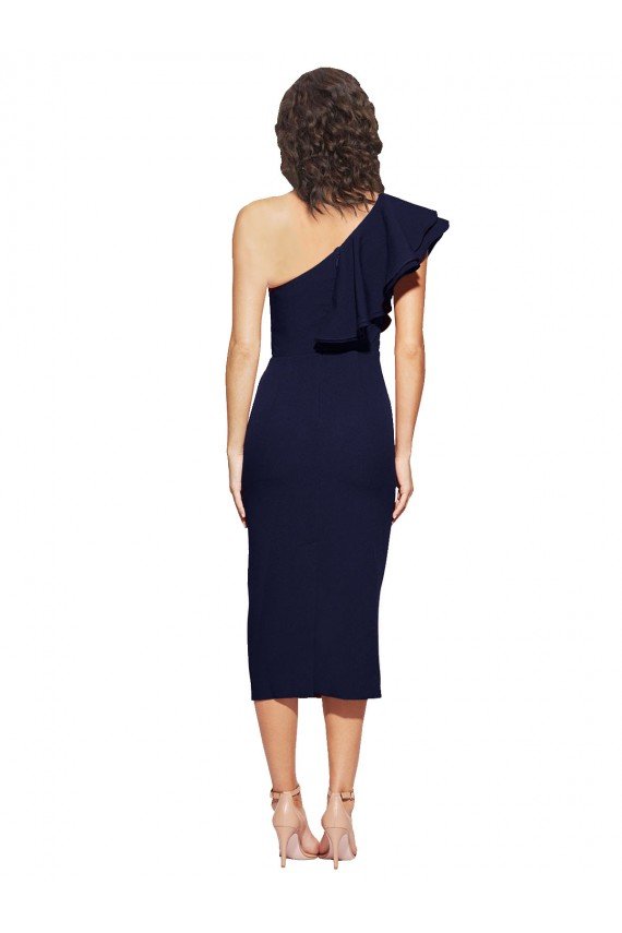 Ruched Midi Length Short Crepe Cocktail Evening Dress with Shoulder Ruffles