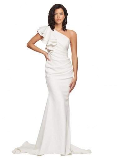 Ruched Long Sweep Train Crepe Evening Dress with Shoulder Ruffles Canada