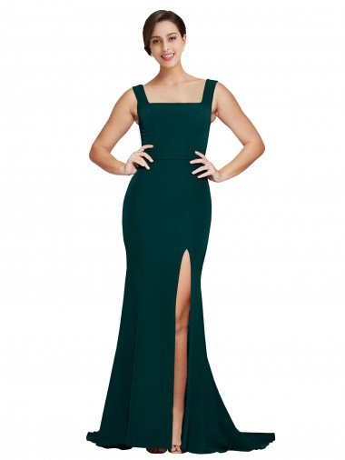 Fitted Square Neck Long Crepe Evening Dress with Train and Side Split Canada