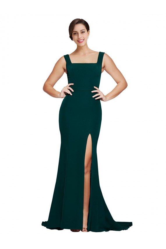 Fitted Square Neck Long Crepe Evening Dress with Train and Side Split
