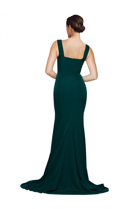 Fitted Square Neck Long Crepe Evening Dress with Train and Side Split