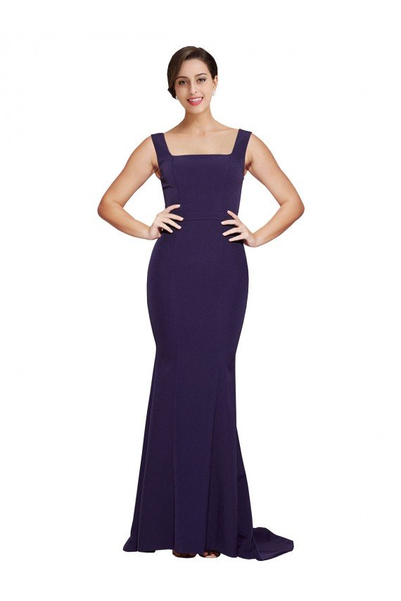 Square Neck Long Sweep Train Crepe Evening Dress with Thick Straps