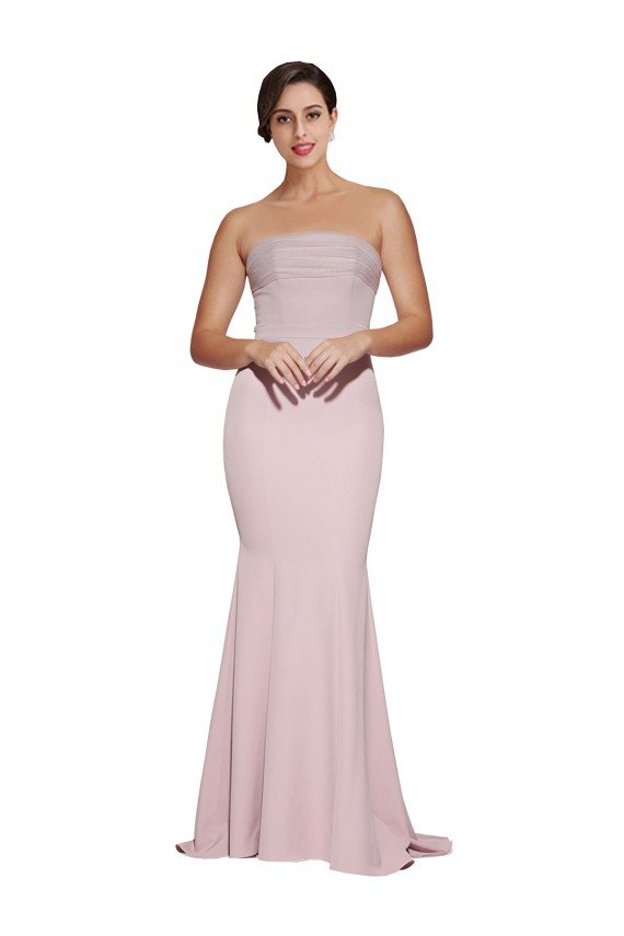 Straight Neck Long Strapless Crepe Evening Dress with Soft Tulle Overlay and Small Train