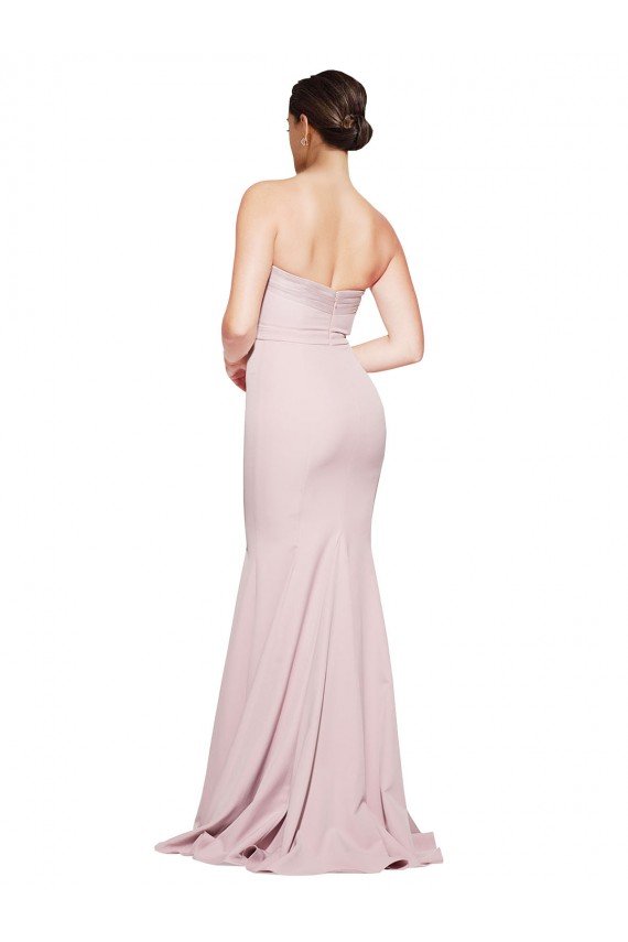 Straight Neck Long Strapless Crepe Evening Dress with Soft Tulle Overlay and Small Train