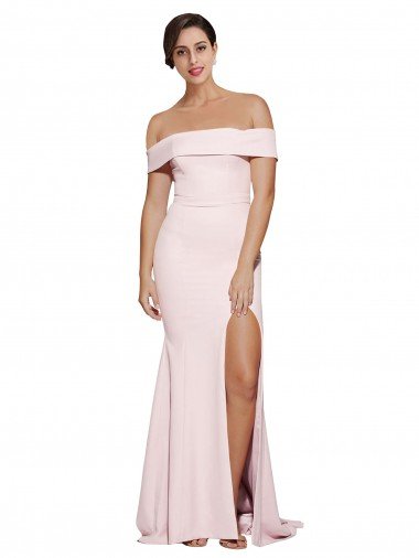 Off Shoulder Long Crepe Evening Dress with Straight Neckline and Side Split Canada