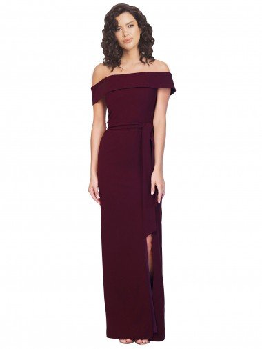 Fitted Full Length Off the Shoulder Crepe Evening Dress with Side Split and Waist Tie Canada