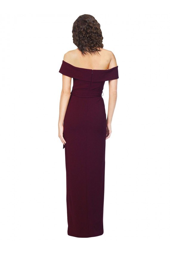 Fitted Full Length Off the Shoulder Crepe Evening Dress with Side Split and Waist Tie