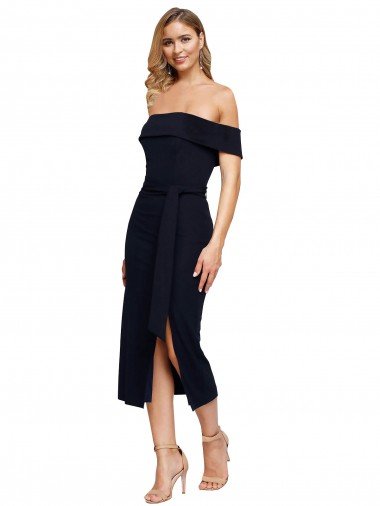 Fitted Short Midi Length Off the Shoulder Crepe Cocktail Evening Dress with Side Split and Waist Tie Canada