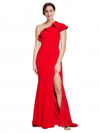 One Shoulder Long Sweep Train Crepe Evening Dress with Thigh High Split Canada