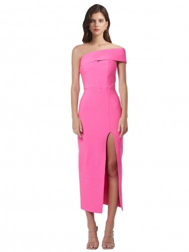 One Shoulder Neckline Short Midi Length Crepe Cocktail Evening Dress Canada