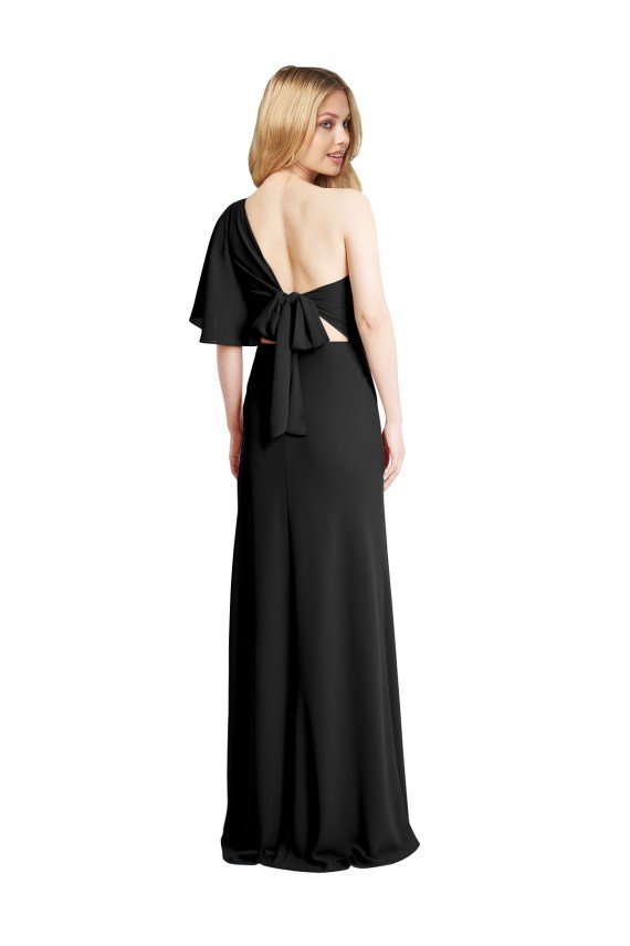 Pleated One Shoulder Flutter Sleeves Slim Crepe Evening Dress