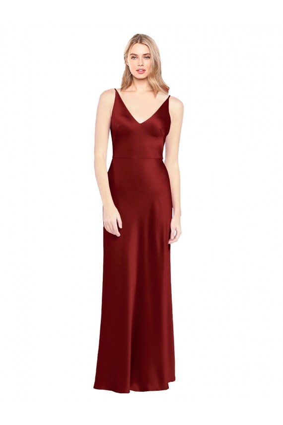 Full Length Long Stretch Satin Semi Evening Dress V-Back