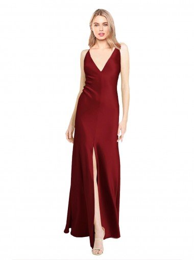 Floor Length Deep V-Back Stretch Satin Evening Dress with Front Slit Canada