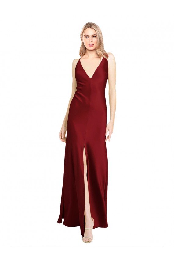 Floor Length Deep V-Back Stretch Satin Evening Dress with Front Slit