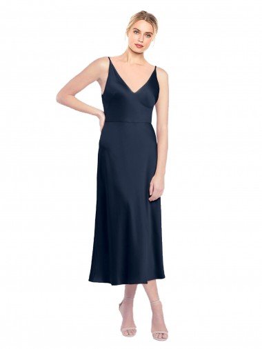 V-Neck Midi Length Short Stretch Satin Cocktail Evening Dress V-Back Canada