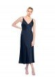 V-Neck Midi Length Short Stretch Satin Cocktail Evening Dress V-Back