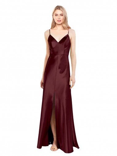Sleek Spaghetti Straps V-Neck Stretch Satin Evening Dress with Center Front Slit Canada