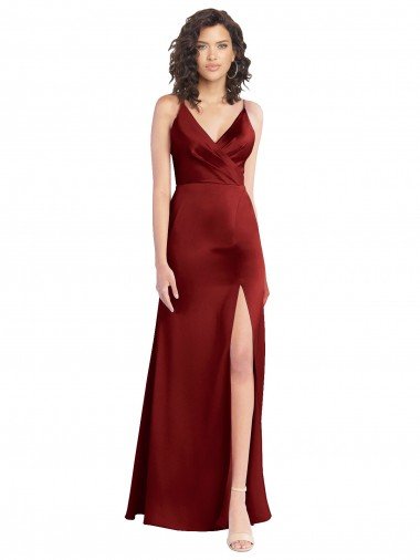 Faux Surplice Neckline Long Slim A-Line Stretch Satin Evening Dress Canada
