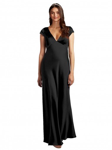 Plunging V-Neck Cap Cleeves Long Stretch Satin Evening Dress with Keyhole Back Canada
