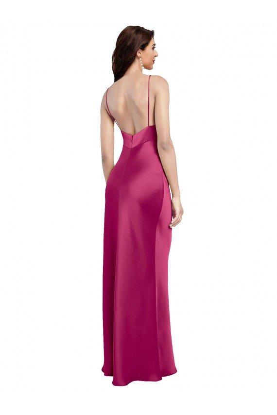 V-Neck Spaghetti Straps Slim Stretch Satin Evening Dress with Low Scoop Back