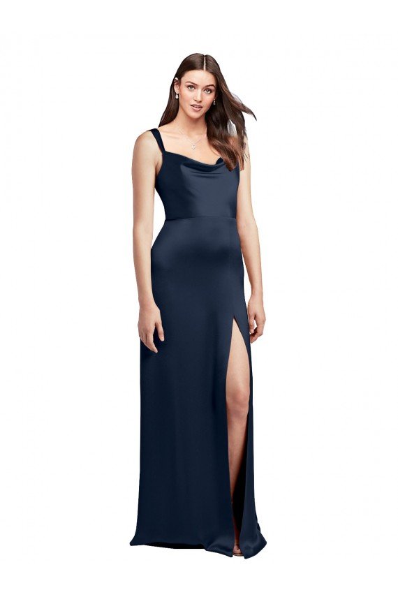 Cowl Neck Soft Long Stretch Satin Evening Dress with Side Slit and Pleated Straps