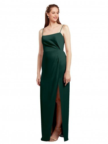 Sleek Straight Neckline Long Wrap Stretch Satin Evening Dress with Angled Pleats Canada