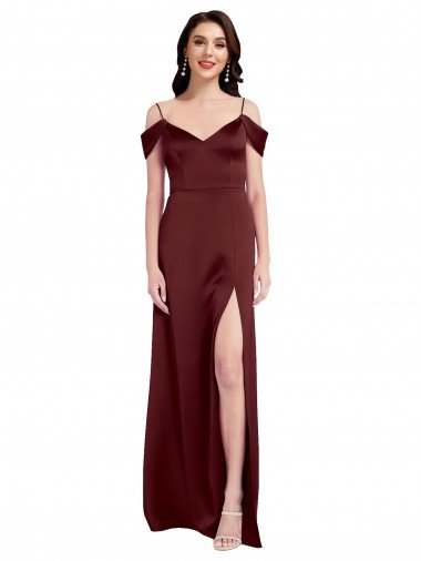 Draped Off the Shoulder Sleeves Slim A-Line Stretch Satin Evening Dress with Side Slit Canada