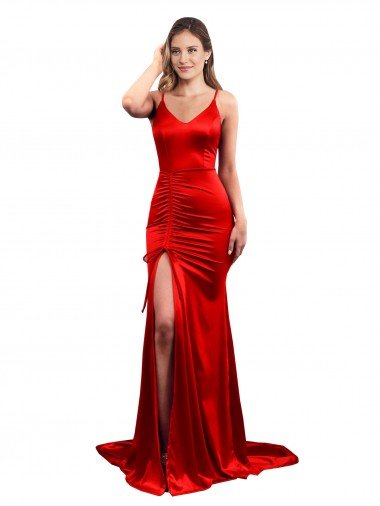 Long Pleated Stretch Satin Evening Dress with High Slit Canada